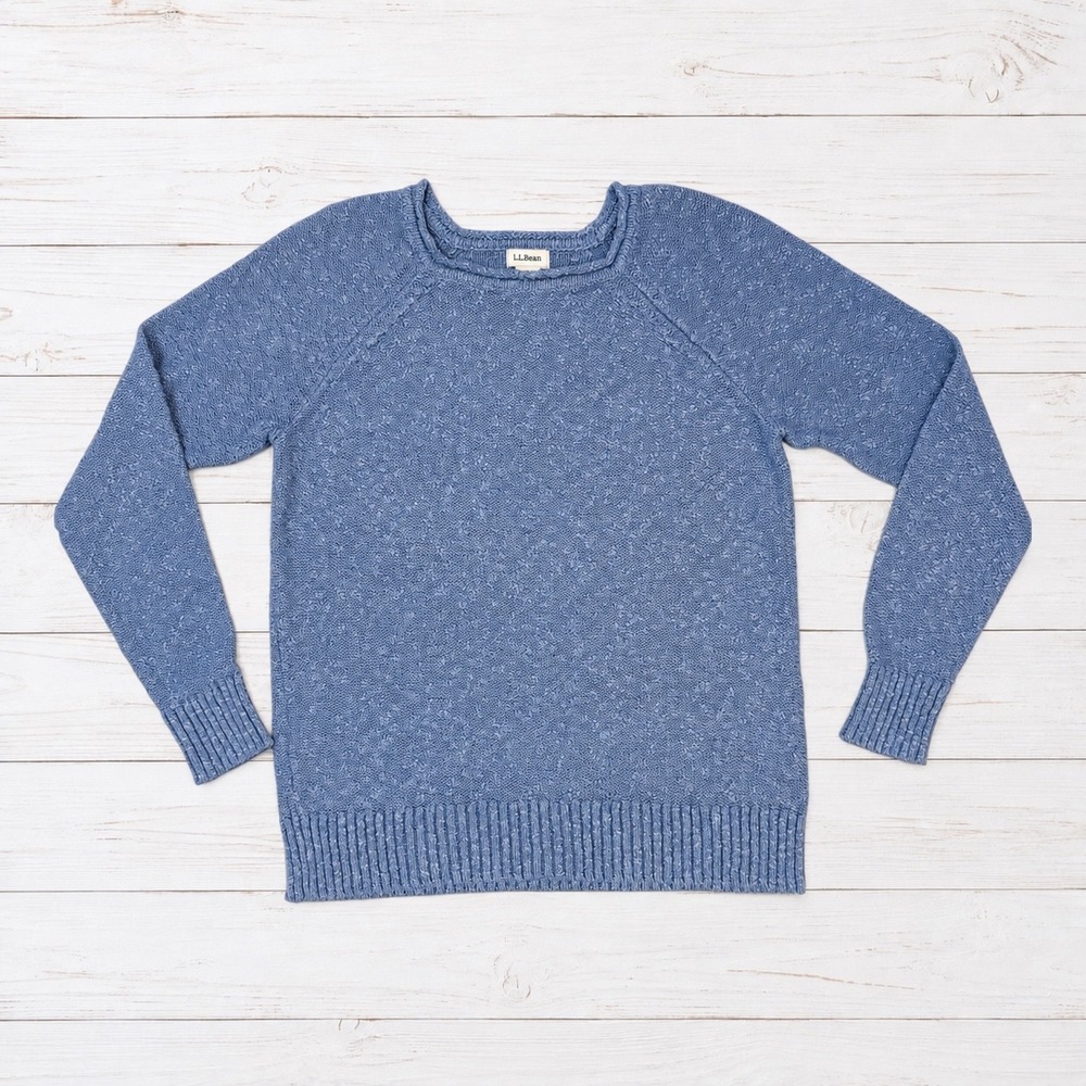 LL Bean Blue Cotton Slub Rollneck Pullover Knit Sweater XS Cabincore Cozy